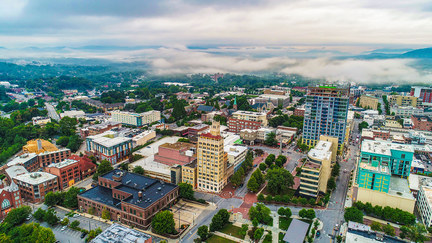 Drone Aerial of Downtown Asheville North Carolina NC Skyline