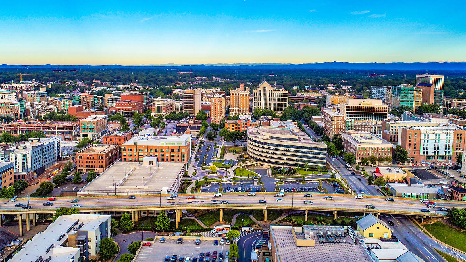 Aerial of Downtown Greenville SC South Carolina Skyline