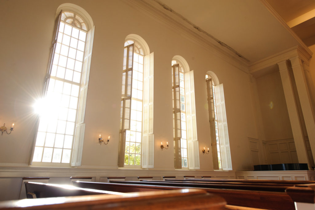 A view of the foyr windows from inside of Dover Chapel