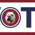 A voting graphic featuring the gwu bulldog mascot in the center