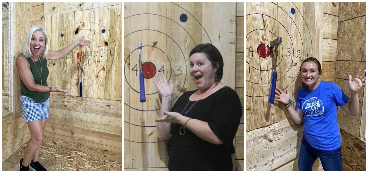 A photo collage featuring three photos of women who are pointing and smiling to the axe they threw at Lumber Jill's and hit the target