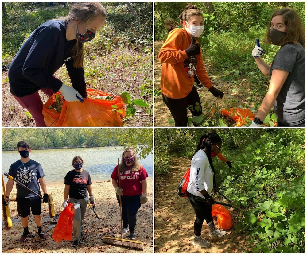 A collage of four photos that show students working to clean up the trails at the Broad River Greenway.