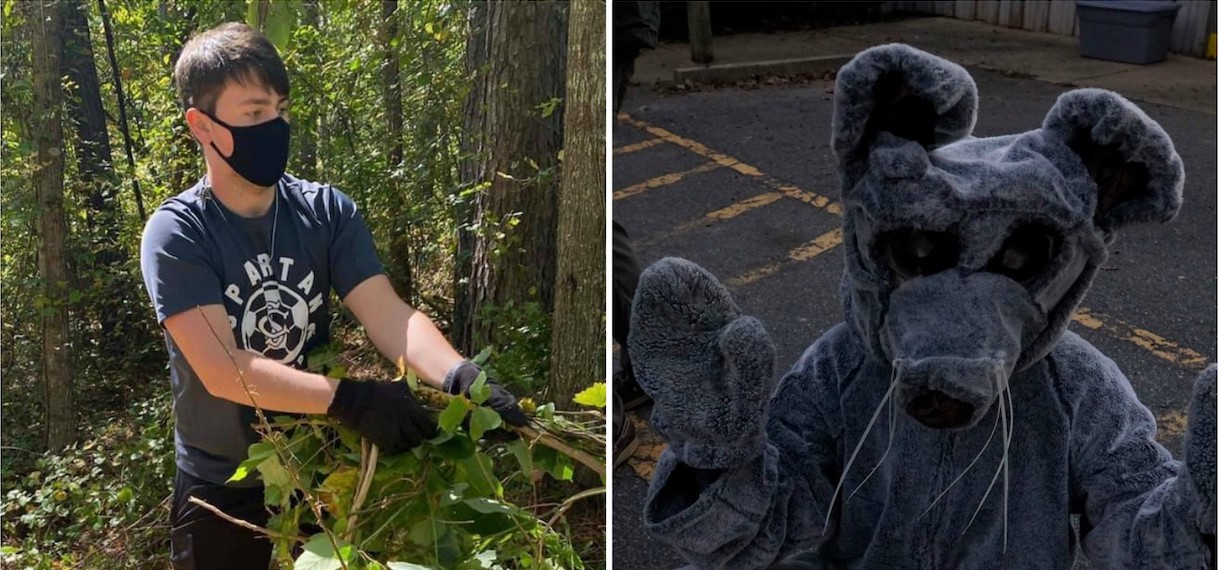A collage of two photos: on the left is a student cleaning up brush at the Broad River Greenway and on the right is a student dressed in a rat costume.