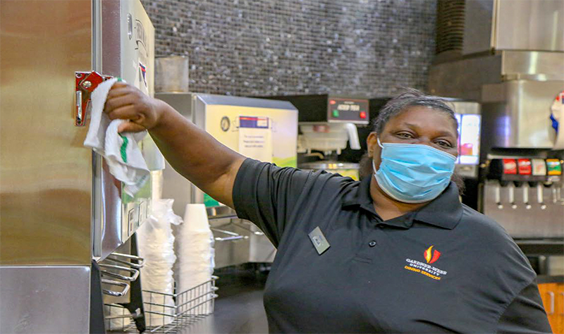 cafeteria worker wearing protective mask