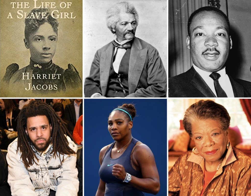 A collage of six photos featuring pictures of Harriet Jacobs, Frederick Douglass, Martin Luther King Jr., J. Cole, Serena Williams and Maya Angelou.