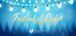 a graphic image for the Festival of Lights featuring a string of lights and pine trees in the background