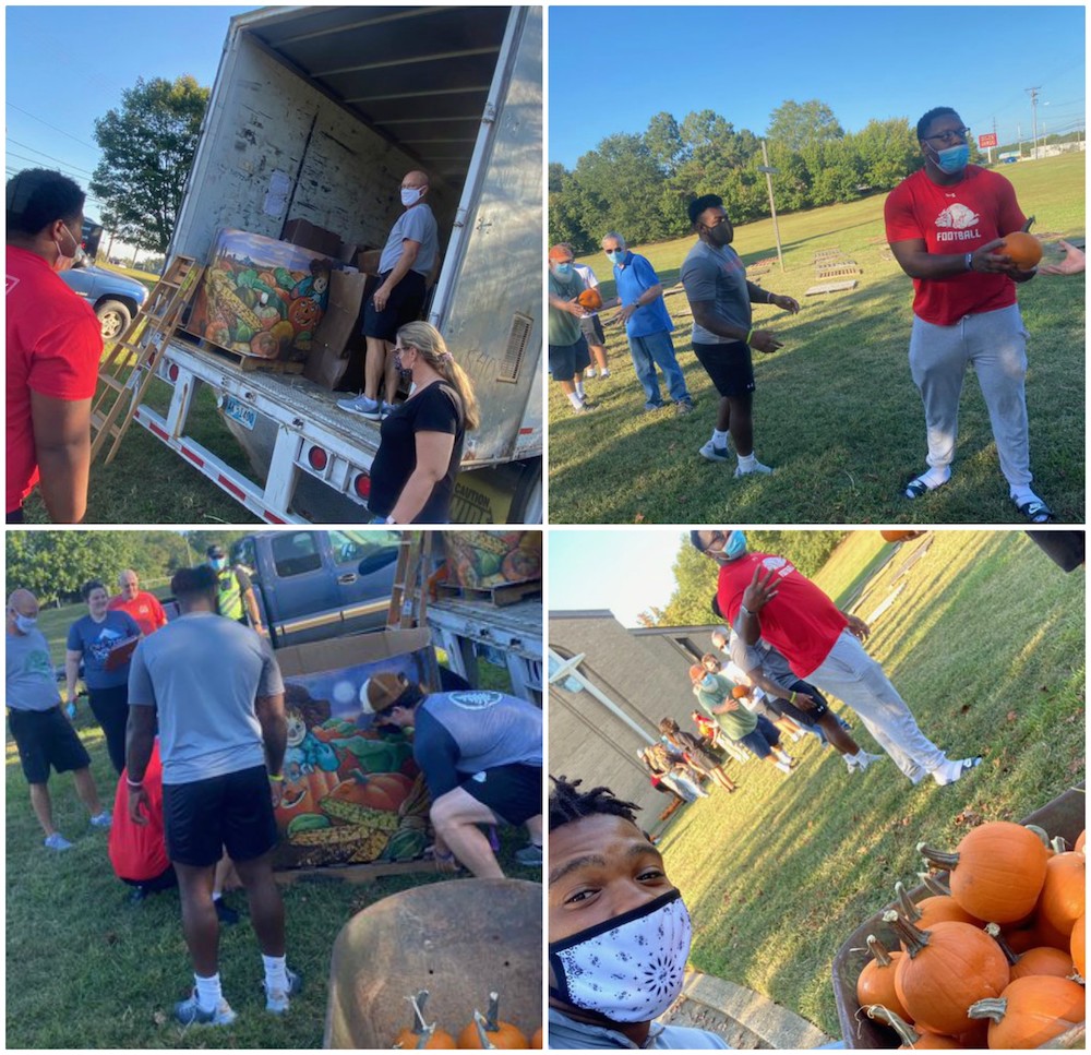 A collage of four photos that features  members of the football team unloading a truck full of pumpkins for a local church