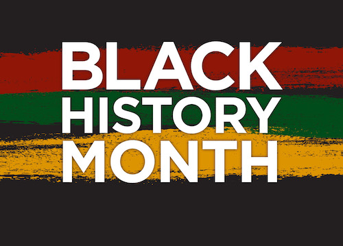 Black History month logo with the words and red, green and yellow stripesm