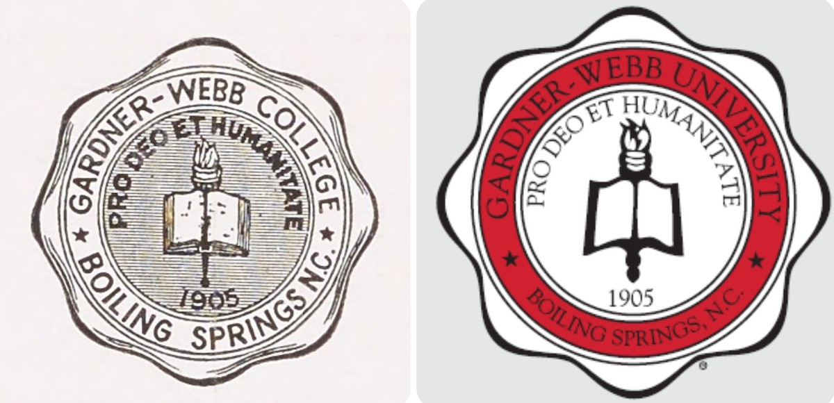 The GWU logo in 1961 and today's logo