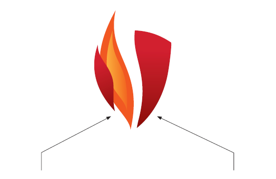 logomark flame with arrows directed to the table below.