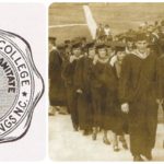 Two photos, on the left is the seal for Gardner-Webb College in the '70s and on the right is a photo of the 1971 graduating class marching in line to the ceremony