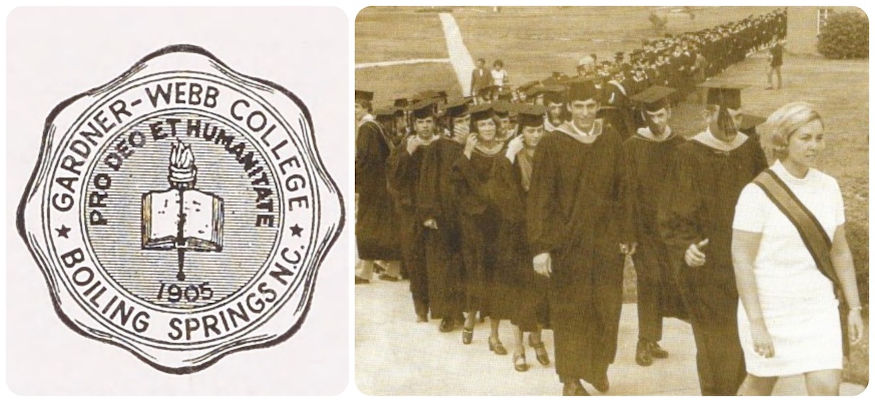 Two photos, on the left is the seal for Gardner-Webb College in the '70s and on the right is a photo of the 1971 graduating class marching in line to the ceremony