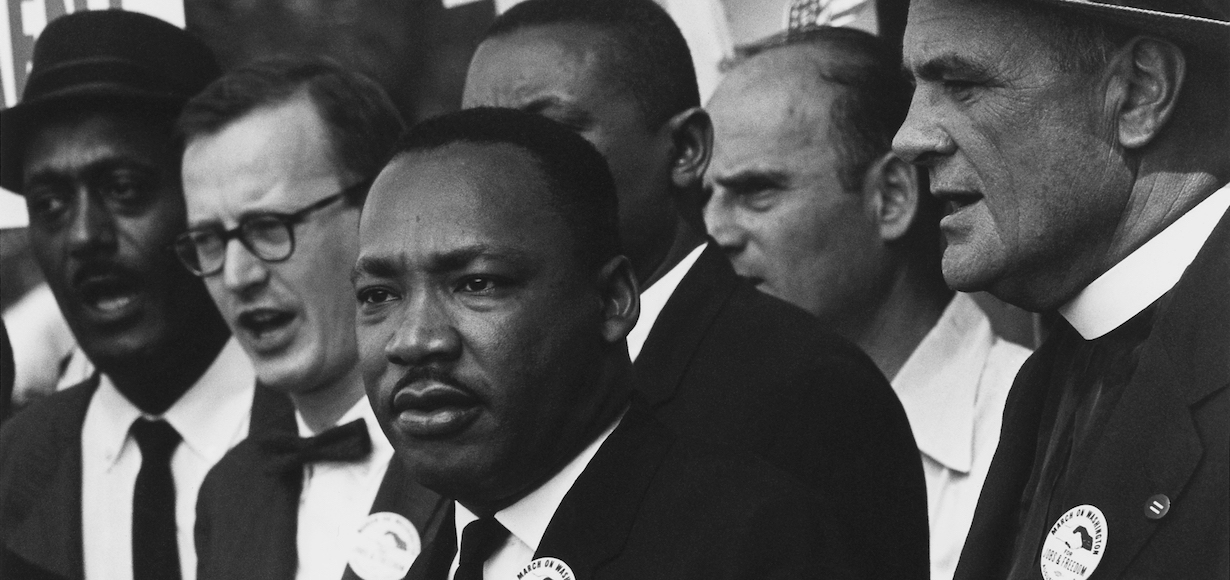 a historical photo of Dr. Martin Luther King Jr. at the march on Washington, D.C.