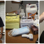 A collage of three photos, from left, Barry Lane posing with cleaning supplies, photo two, cleaning supplies and masks, photo three: David Wacaster getting his temperature taken