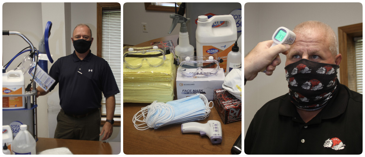 A collage of three photos, from left, Barry Lane posing with cleaning supplies, photo two, cleaning supplies and masks, photo three: David Wacaster getting his temperature taken