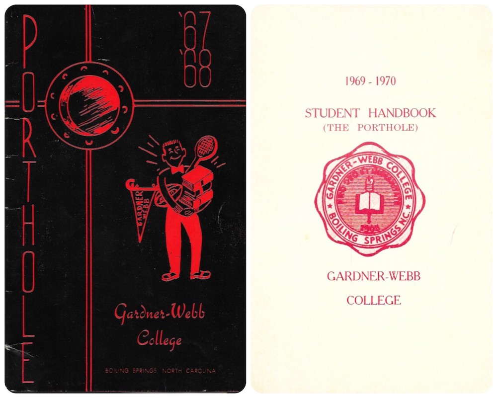The covers of the Gardner-Webb College Handbooks. On the left is the red and black handbook from 67-68 and on the right is the white and red cover from 69-70.