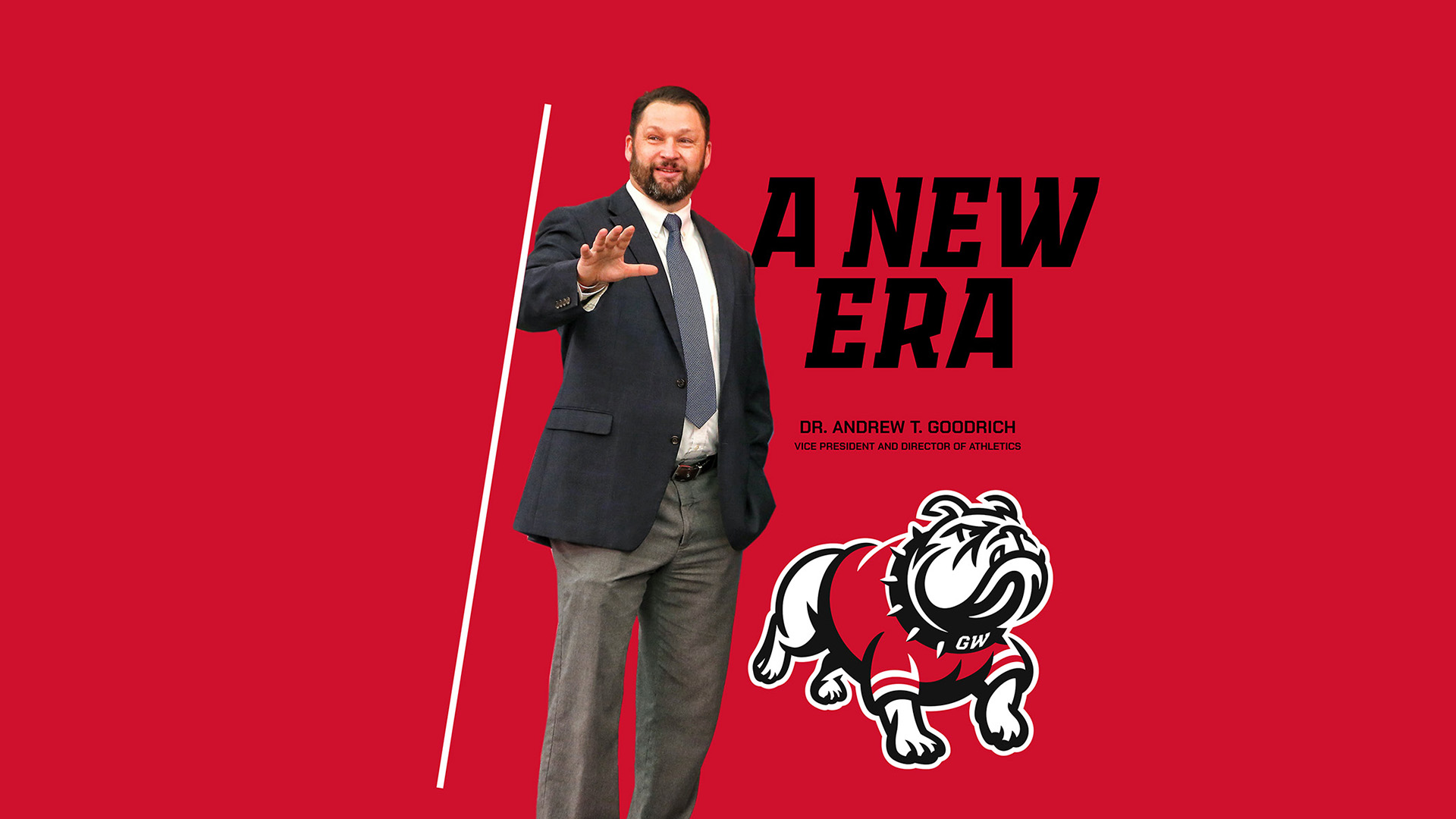 GWU's new athletic director with Runnin' Bulldog logo