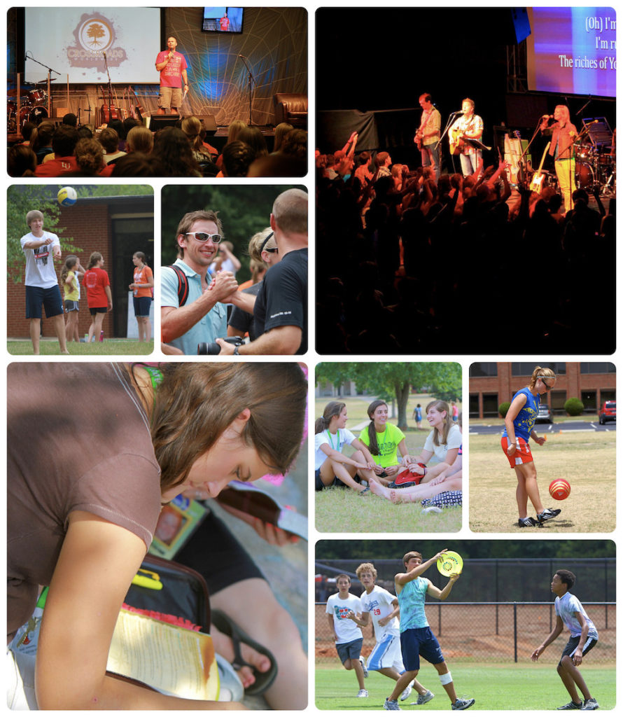 A photo collage featuring activities of Crossroads Summer Camps - worship, bible study, games
