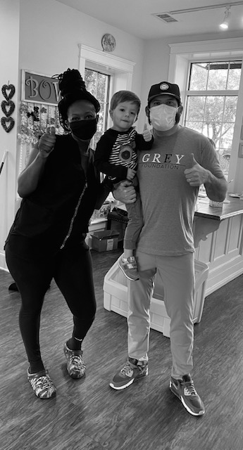 Grey Foundation Board Member Jeff Leard poses with his son and Shawna Galbreath, the owner of @kidscutsmountpleasant in Mount Pleasant, S.C., for Mix it Up Monday. 