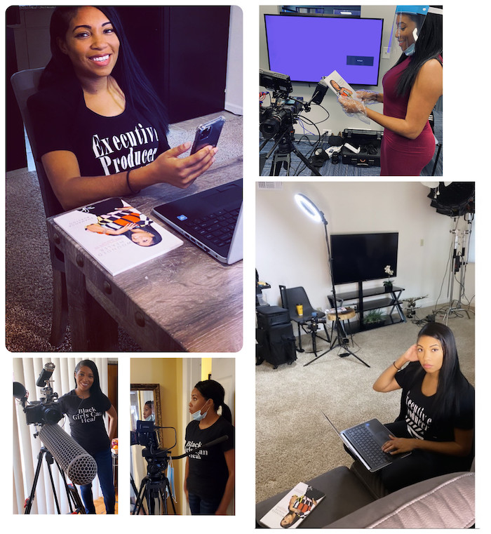 A collage of five photos of Shamanda Burston working on different aspects of her film.