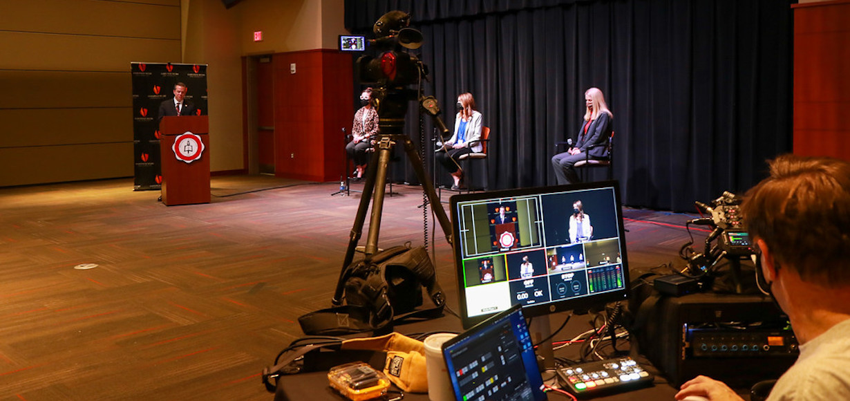 A photo of Moderator Dr. William Downs and the panelists for the first Webb Connections session on Covid-19. From left, Dr. Downs, Tiffany Hansen, DeShay Oliver and Dr. Nicole Waters. Also in the photo is the technician who is recording the event.