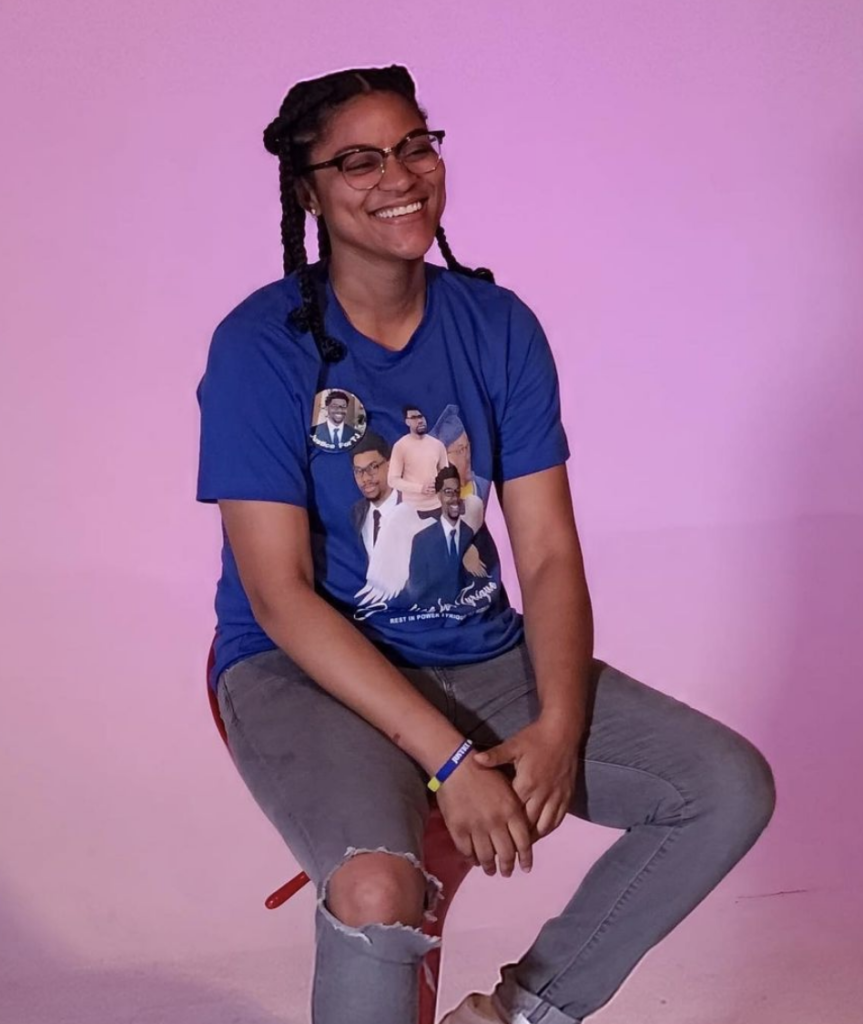 Troya Pope in her interview with Mic Check. She is wearing the T-shirt that remembers Tyrique Hudson, a 22-year-old software engineer from Pope’s hometown of Wilson, N.C., who was killed by his neighbor.