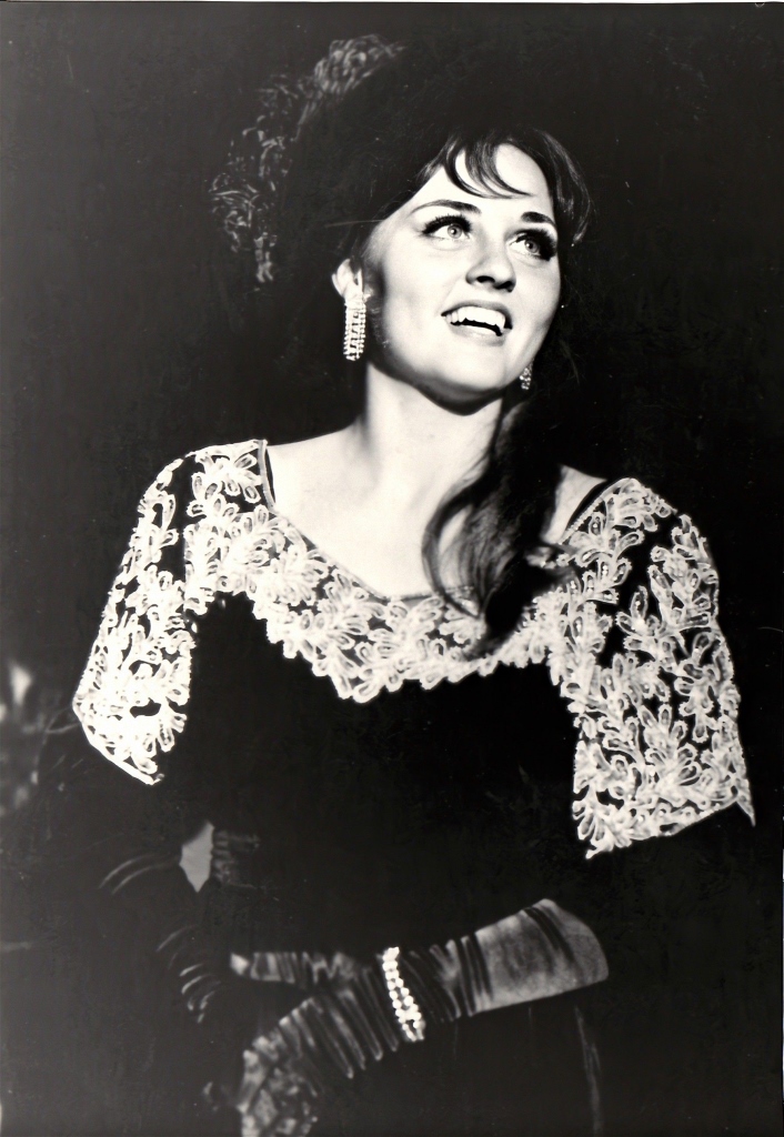Janet Whisnant as Lillian Russell in an olio act from Pure As The Driven Snow, 1970. Her gown, a gift to the Theatre Arts Department, belonged to former NC First Lady, Fay Webb Gardner.