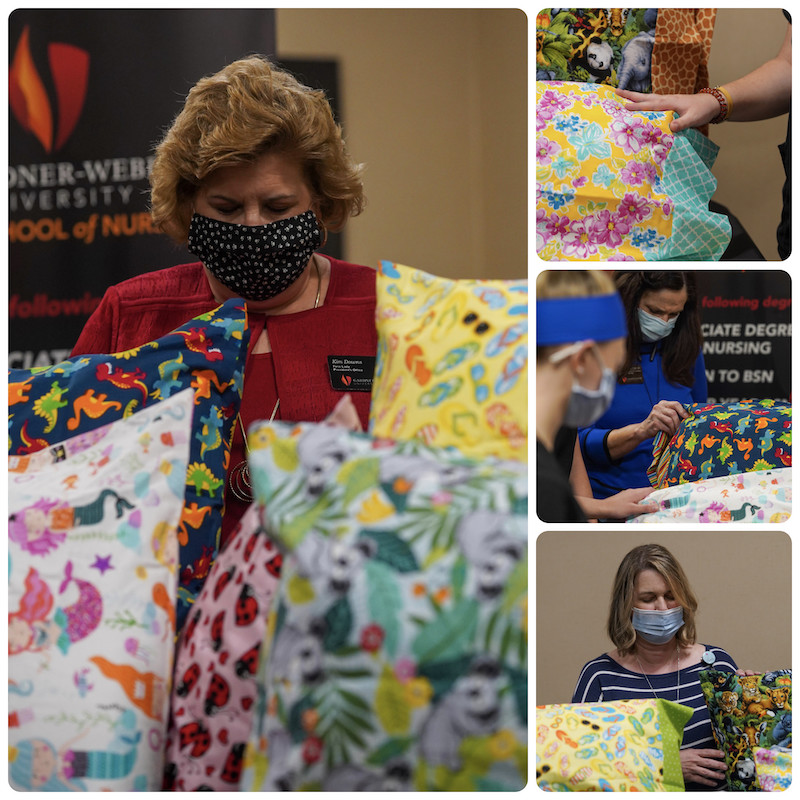 A collage of photos featuring different people praying over the pillowcases. The largest photo is of Kim Downs.