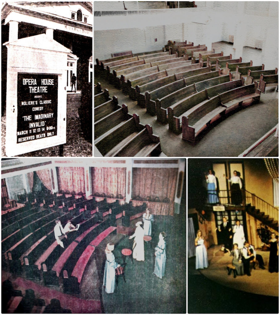A collage of photos from the Opera House Theatre, featuring the marquee, the inside before the renovation, the inside after the renovation and a view of the actors on stage during a play.u