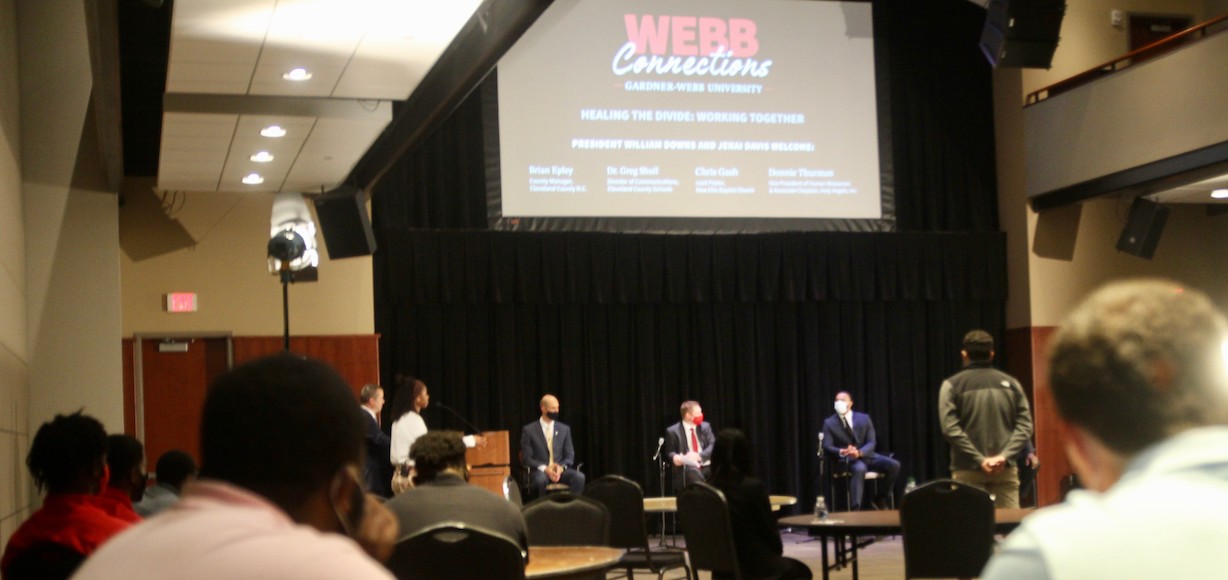 Photo shows the Webb Connections panelists, audience members, and moderators