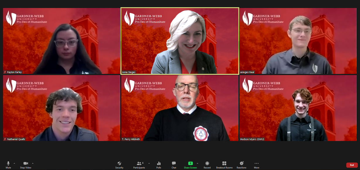 A screenshot of the GWU Ethics Bowl Team and Campus Coordinators participating in the virtual event