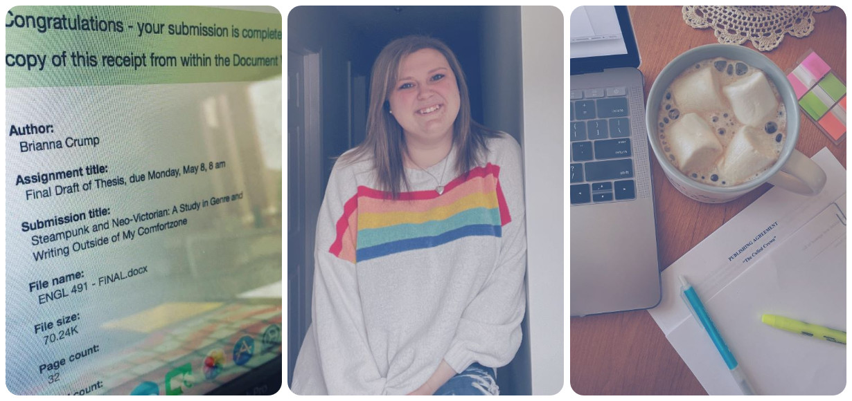 A photo collage featuring Brianna Crump in the center, a screenshot of her uploaded thesis on the left, and her book contract on the right