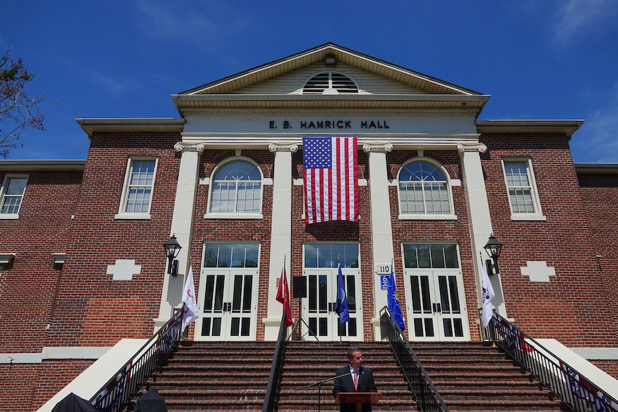Dr. Downs speaks at last year's memorial day service in front of Hamrick Hall.