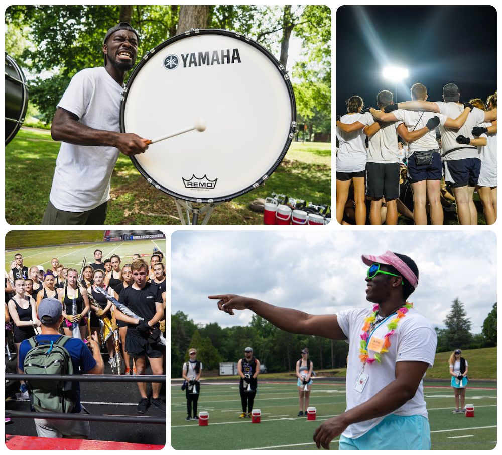 A collage of four photos featuring members of Carolina Crown practicing. Clockwise, from top left, a bass drummer; the members standing arm in arm; performers listening to the leader for directions, a leader pointing out instructions. 