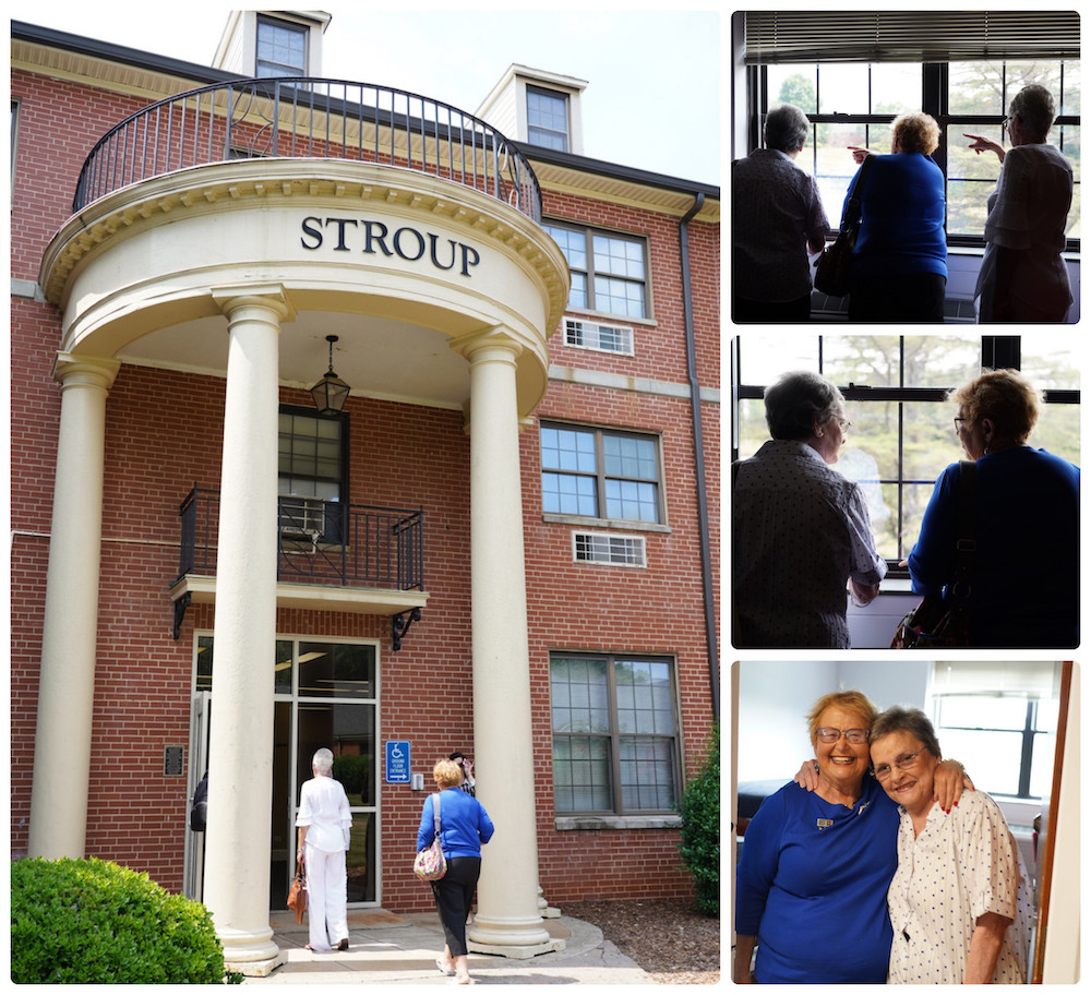 A collage of four photos featuring photos of the ladies visiting their old dorm, Stroup.