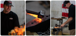 a collage of photos of Justin Clapsaddle working in his forge to craft a knife