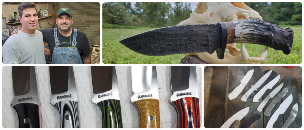 A collage of photos featuring Justin Clapsaddle and his knives.