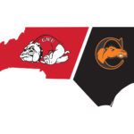 outline of NC broken into GWU and Campbell colors