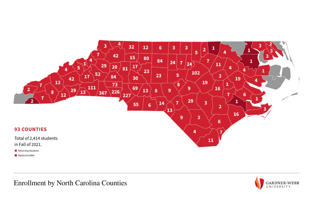 Map of N.C. showing what counties GWU students are from.