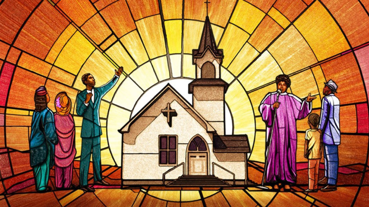 stain glass depicting black people outside of church