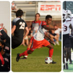 A collage featuring the volleyball team, men's soccer and football teama women's soccer