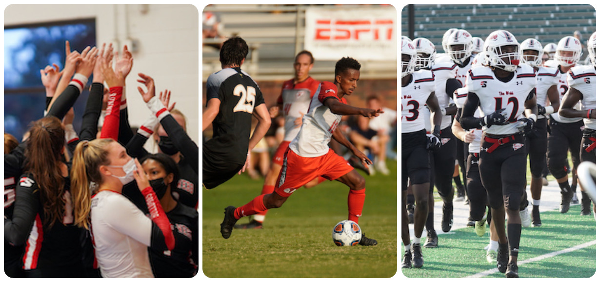 A collage featuring the volleyball team, men's soccer and football teama women's soccer