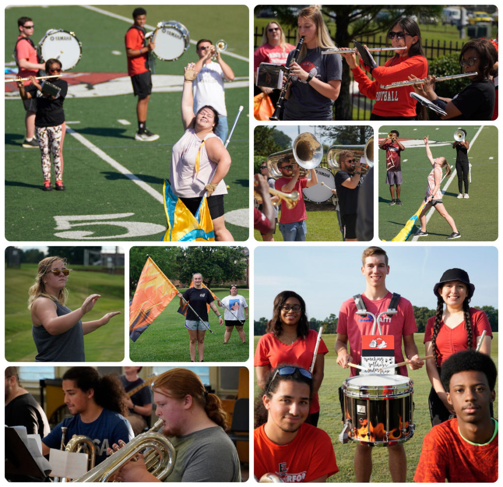 A collage of eight photos featuring members of the Marching Bulldogs at various practices. 