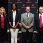 The panelists, from left, were Kyle Kallander, Big South Commissioner; Kelli Bartik, Sports Anchor, WCCB Charlotte and a GW alumna; Alex Simmons, Head Coach, GW Women’s Basketball; Jim Chester, Head Coach, GW Baseball; Anna Marie Fish, GW soccer player and president of Student-Athlete Advisory Committee (SAAC); and Steve Serck, Gardner-Webb University Counsel.