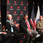 From left, Dr. William Downs interviews the panel, Terry Eddinger, Darlene Gravett, Joseph Hough and Brittany Sherrod,