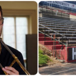 A collage of Chase Thornhill, left, playing the trombone and right, running