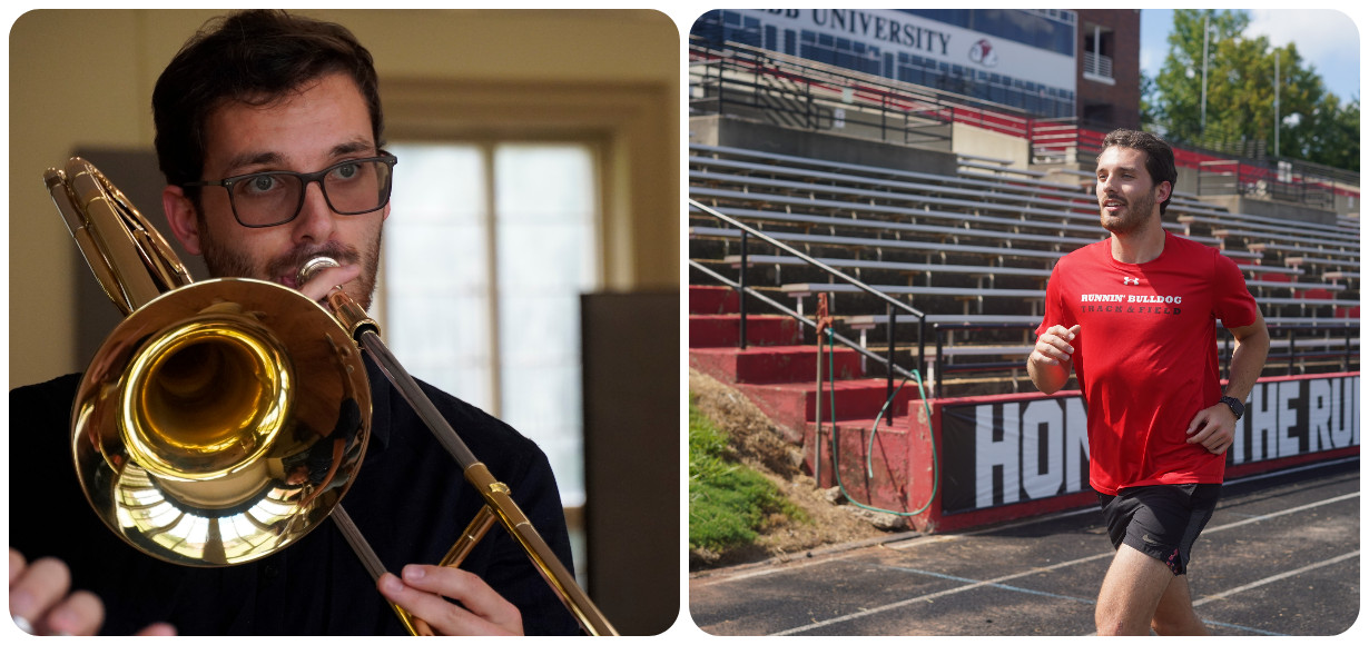 A collage of Chase Thornhill, left, playing the trombone and right, running