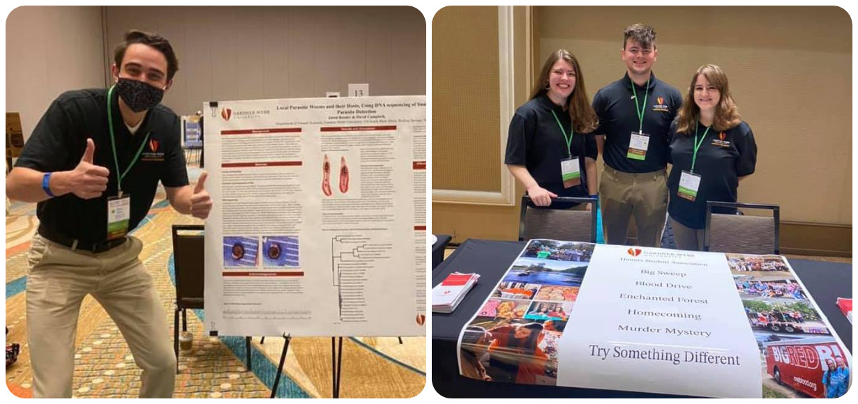 Two pictures of students at the Honors Conference. The left photo shows a student in front of his poster presentation and the right photo shows three students sharing information about the GWU Honors program.