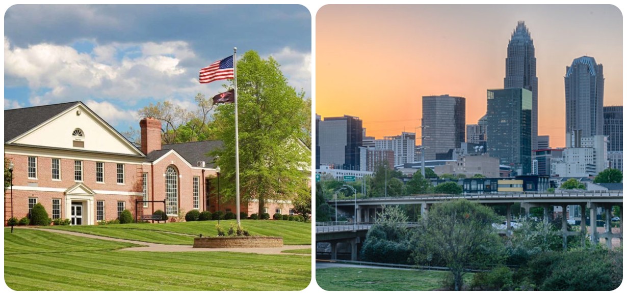 a collage featuring the GWU Boiling Springs campus on the left, and the charlotte skyline on the right.