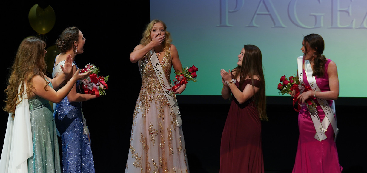 Miss GWU 2022, Allie Cooke, reacts when she is named the winner of the Miss GWU pageant
